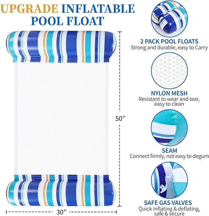 Pool Floats Adult - 2 Pack Inflatable Pool Floats Hammock, Multi-Purpose 4-in-1Pool Floats for Adults, Swimming Pool Water Hammock Lounge