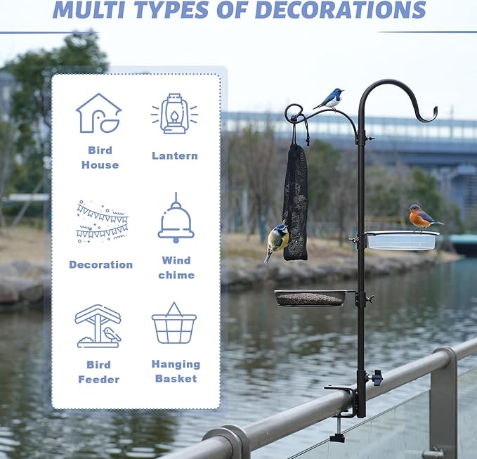 Deck Bird Feeding Station | Premium Multi Feeder Hanging Kit with Bird Bath & Sock Feeder | Attracts Wild Birds, Planter Hanger Hook for Outdoor Deck, Patio, Garden