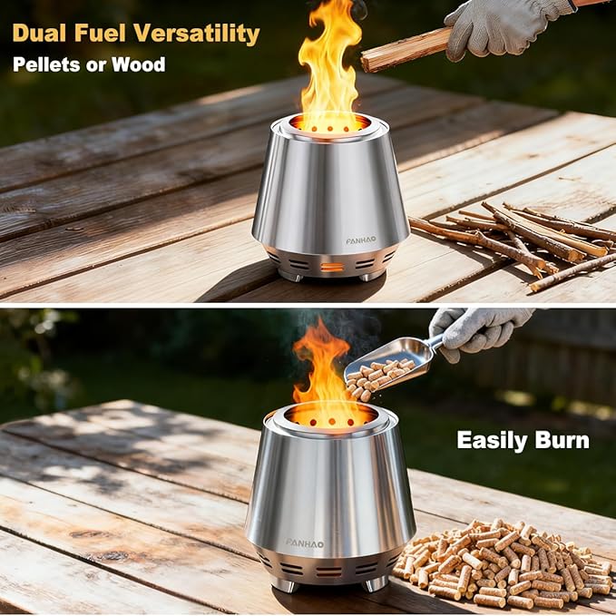 FANHAO Smokeless Fire Pit for Camping, Outdoor & Patio, Stainless Steel Tabletop Firepit with Stand, Wood Burning or Pellet Fueled Portable Bonfire with Carrying Bag | 120% More Efficient Burn
