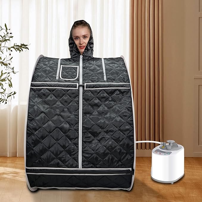 Smartmak Full Body Home Steam Sauna Kit, Portable Lightweight Personal Spa Saunas, 2L&900W Steam Generator with Protection & Remote Control, Foldable Chair Included for Relaxation-BlackGrey