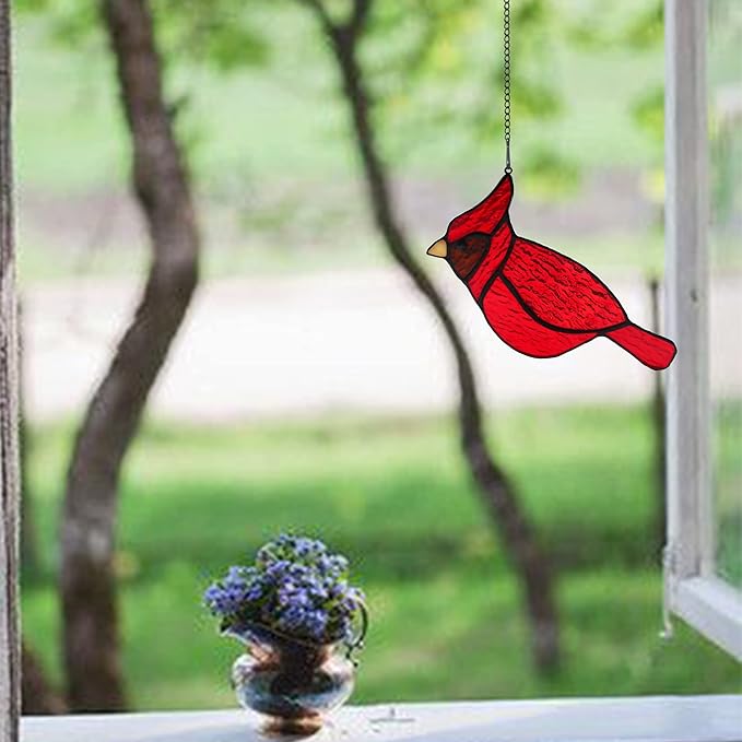 BOXCASA Red Cardinal Suncatcher for Window, Handmade Stained Glass Hanging, Memorial Gift for Loss of Loved One, Decor for Women Mom Grandma Nana