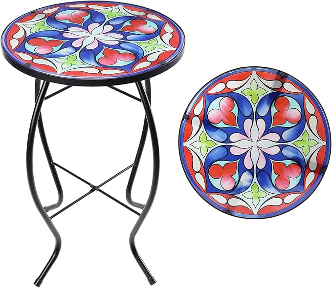 MUMTOP Side Patio Tables-Mosaic Outdoor Side Table - 14’’ Symmetrical Pattern Glass Accent Round End Table, Plant Stand Indoor Small Coffee Table for Garden or Living Room Decor