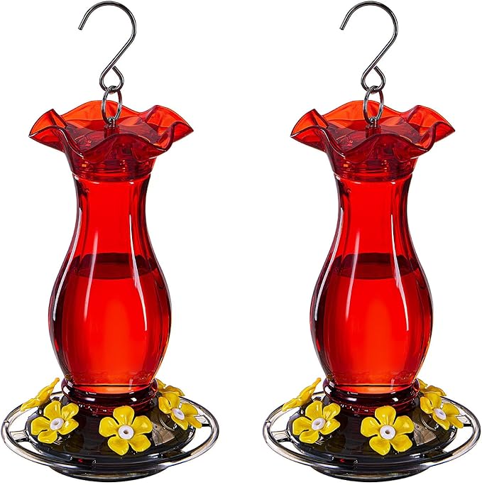 Hummingbird Feeder for Outdoors Hanging, 18 OZ Humming Birds Feeders with 6 Bee Guard Feeding Ports & Built-in Ant Moat, Easy to Clean, Durable Outdoor Garden Decor (Red 2 Pack-CC)