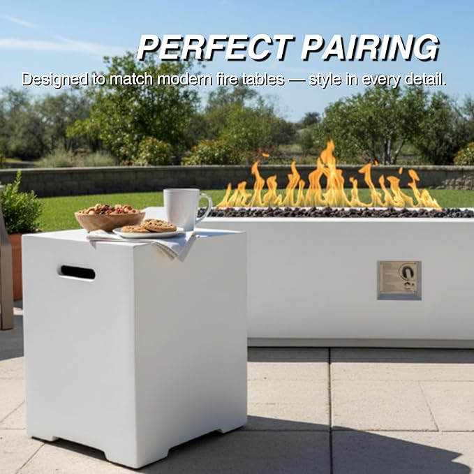 Propane Tank Cover Table for Fire Pits, 20 LB Concrete Propane Tank Holder with Side Handles, Outdoor Tank Storage Side Table for Patio, Gas Griddle, Ancient White