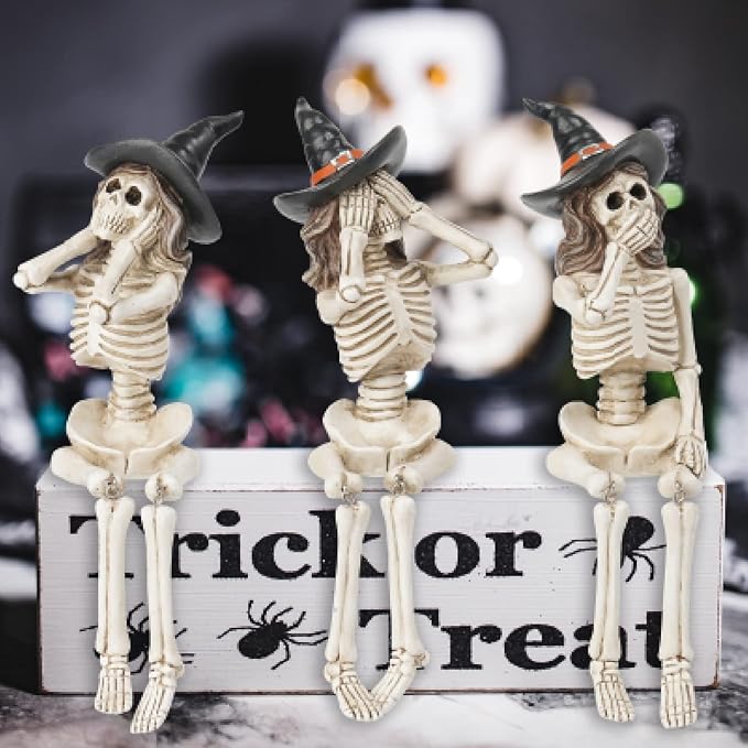 Halloween Statues No-Evil Skeleton Collectible-Figurines - Realistic Skeleton Halloween Decorations Indoor See Speak Hear No Evil Resin Witch Table Decor Set of 3, 2.5*5.5*4.5 inch Newman House Studio