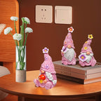 Gnome Decoration Figurine Outdoor Statue Resin 3pcs Flowers Spring Gnomes, Home Decoration Ornaments for Desktop Bookshelves Courtyard Garden Gift (Pink)