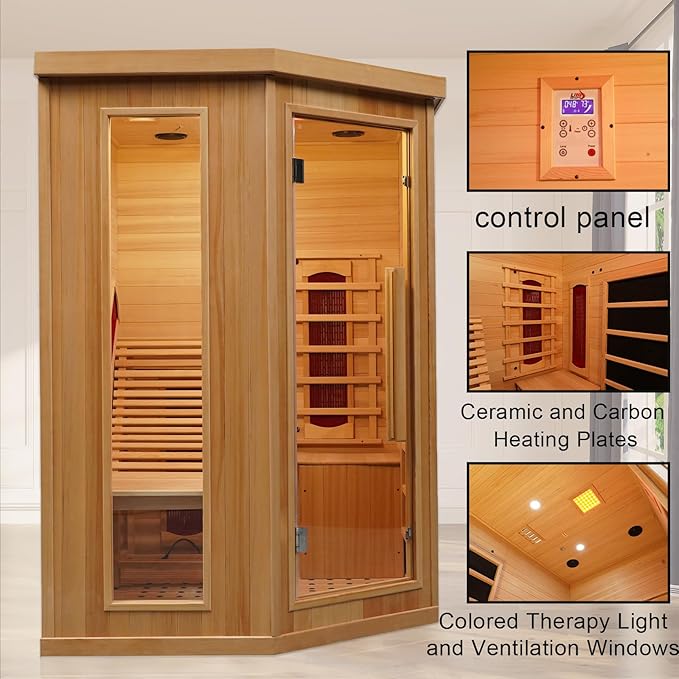 Smartmak Far Infrared Single Recliner Wooden Sauna,Home Indoor Canadian Hemlock Wooden Sauna,with 6 Heaters,Oxygen Bar,LED Controller,Bluetooth,Color Therapy Light(220V, 2300W)