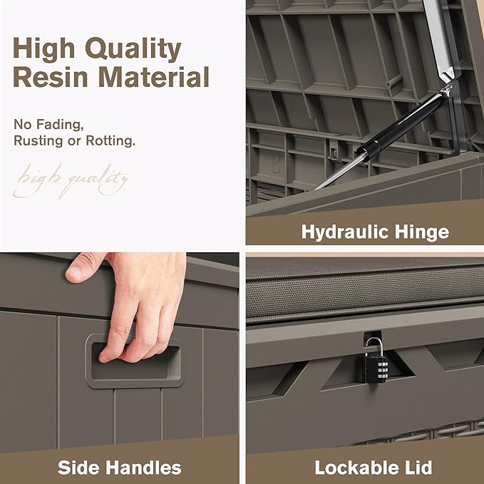 JUMMICO 100 Gallon Resin Deck Box with Cushion, Waterproof Outdoor Storage Box with Lockable Lid for Garden Tools, Patio Cushions (Light Brown)