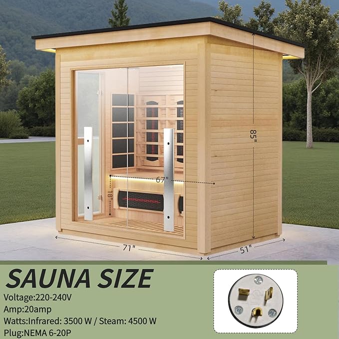 3-Person Far Infrared & Steam Dual-System Sauna Room, Outdoor Canadian Hemlock Wood Sauna, WiFi Control, Red Light Therapy, 11 Heaters& Electric Stove, Left Door, 220-240V