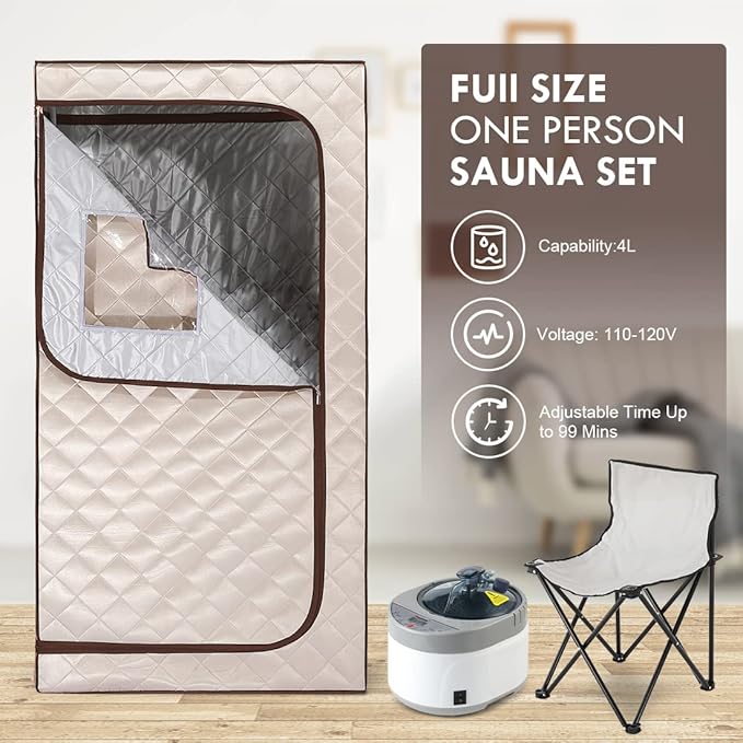 Smartmak Portable Home Steam Sauna, Full Size Personal Sauna Spa Box, Single Saunas Tent with Steamer, 4L 1500W Steam Generator 99 Min Timer, Remote Control, Upgraded Foldable Chair, Mat, Beige Brown