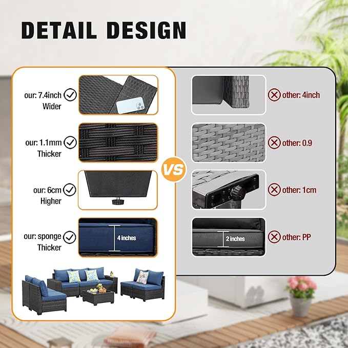 8 Pieces Patio Furniture Set All-Weather Outdoor Wicker Sectional Conversation Sofa Rattan Patio Seating Sofa with Cushion and Glass Table for Porch Poolside,Navy