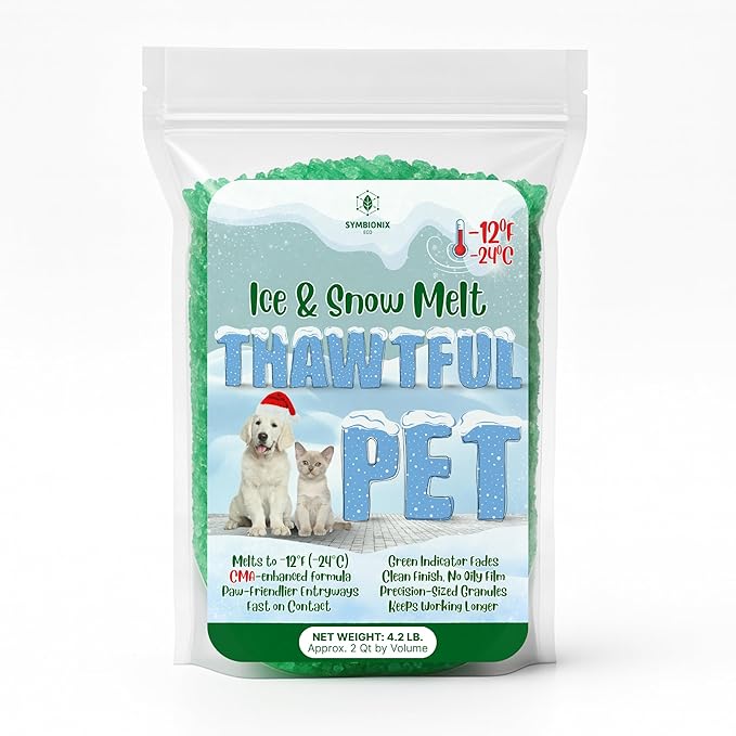 Thawtful Pet Safe Ice Melt – Pet Friendly Ice Melt, Snow Melt – Green Granules with CMA, Melts to −12°F (−24°C) - Driveway Salt & Sidewalk Salt for Ice (2 qt. - 4.2 lb.)