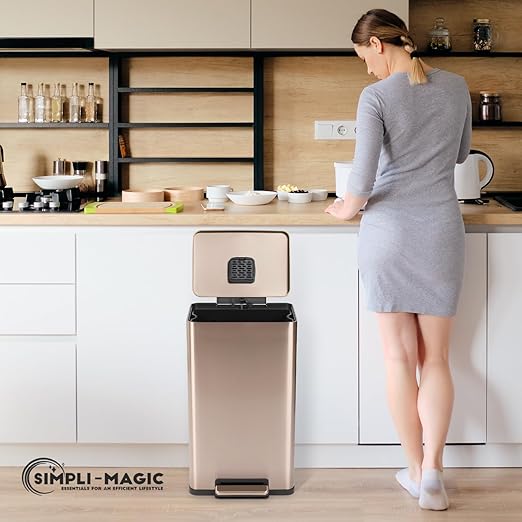 SIMPLI-MAGIC 13.2 Gallon (50L) Step Trash Can – Kitchen Garbage Can with Slow-Close Lid – Odor Control, Hands-Free, Easy to Clean, Brushed Stainless Steel (Rose Gold)