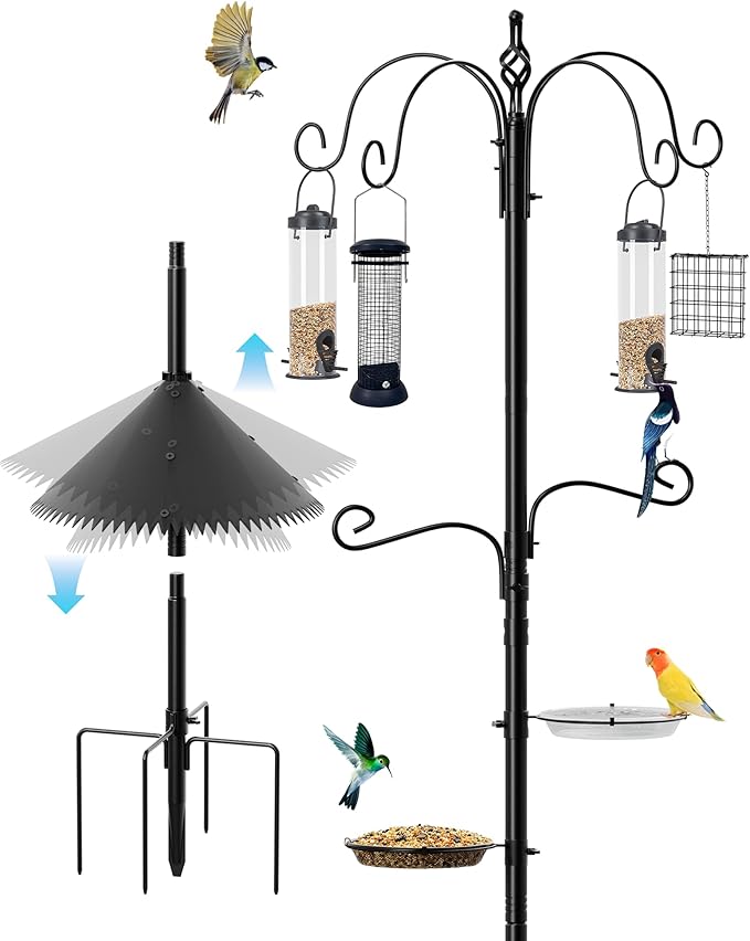 Bird Feeding Station, 94 Inch Wild Bird Feeders Pole with Wide Squirrel Baffle, 6-Hook, 4 Feeders, Water and Mesh Tray Humming Bird Feeders Stand for Outdoors Courtyards Gardens