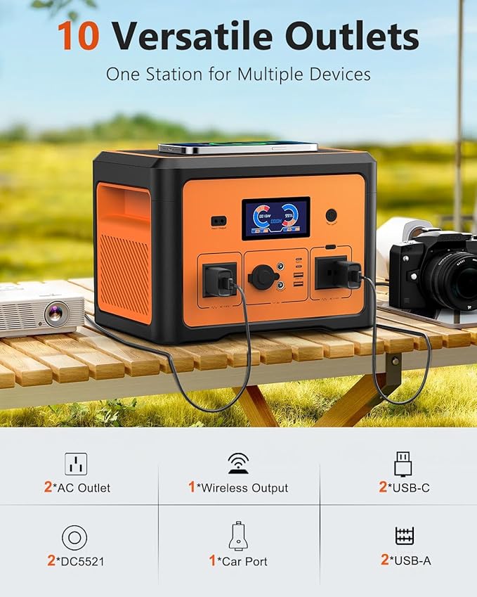 Portable Power Station 600W(Peak 1800W), Solar Generator with 384WH LiFePO4 Battery, 10 Outputs & UPS Battery Backup, Generators for Home Use, Camping, Emergency Power Outage, RV, CPAP