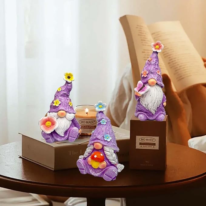 Gnome Decoration Figurine Outdoor Statue Resin 3pcs Flowers Spring Gnomes, Home Decoration Ornaments for Desktop Bookshelves Courtyard Garden Gift (Purple)