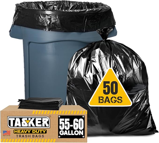 Tasker 55-60 Gallon Trash Bags Heavy Duty | Value 50 Count Bags w/Ties | Extra Large Industrial Trash Bags 55 Gallon, Lawn and Leaf Bags, Extra Large Outdoor Contractor Trash Can Liners, 50-60 Gallon