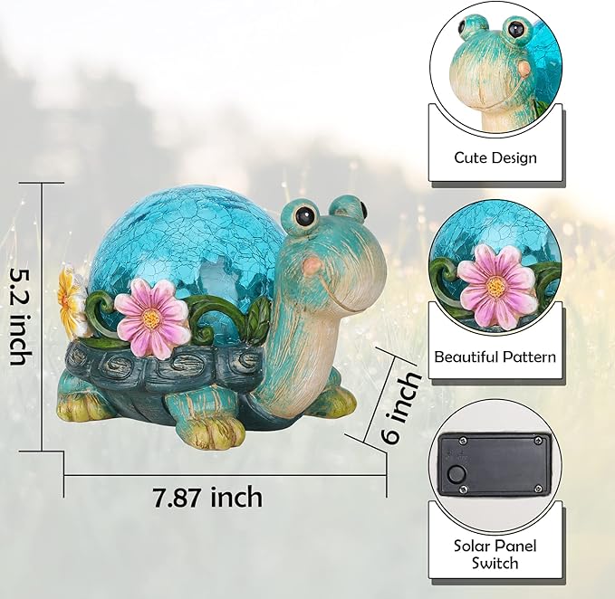 Afirst Solar Garden Statues Outdoor Figurines - Turtle Lawn Ornament with Solar Lights Cracked Glass Outdoor Decor for Patio Yard Decorations