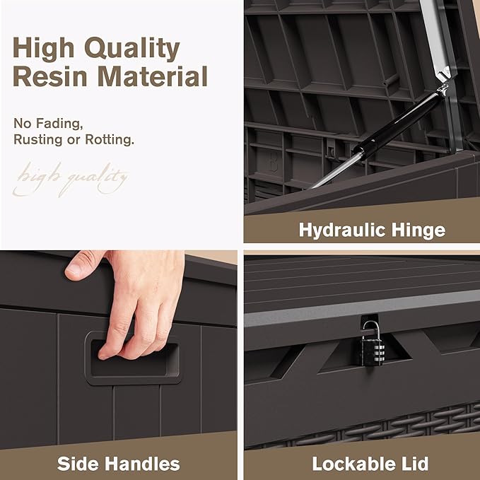 JUMMICO 100 Gallon Resin Deck Box, Waterproof Outdoor Storage Box with Lockable Lid for Garden Tools, Patio Cushions (Brown)