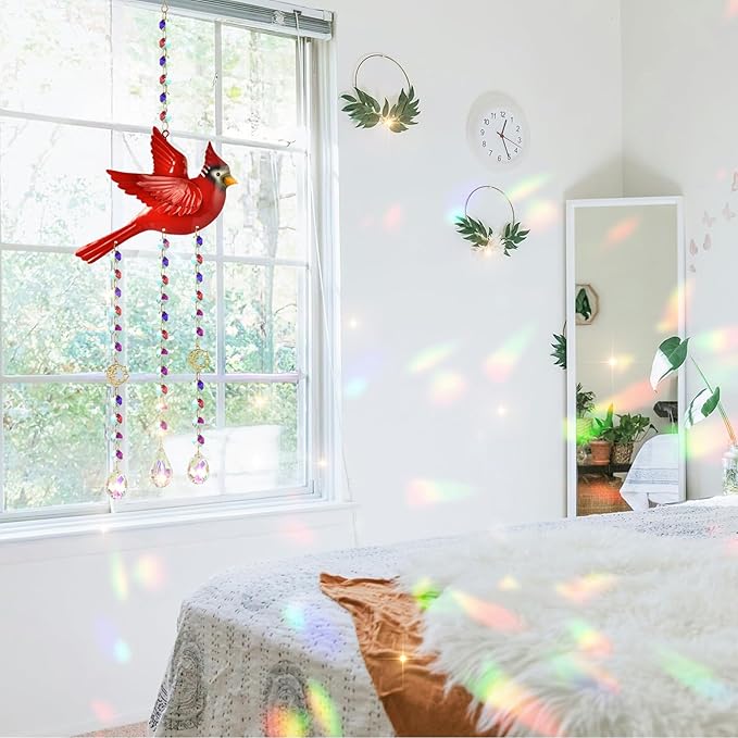 Red Cardinal Suncatcher - Cardinal Gifts for Women, Glass Sun Catchers Indoor Window Hanging Decor with Rainbow Prism, Colorful Memorial Gift for Home Garden, Christmas Valentine Mother's Day