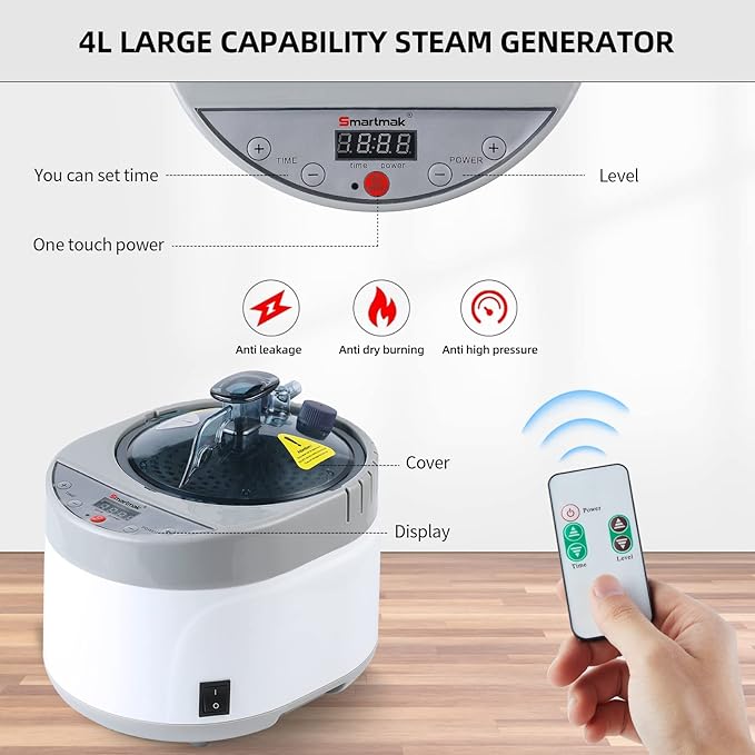 Smartmak Sauna Steamer, Portable 4L Upgrated Steam Pot Generator with Remote Control, Spa Machine with Timer Display Herbal Box for Steam Saunas, 110V US Plug- Grey