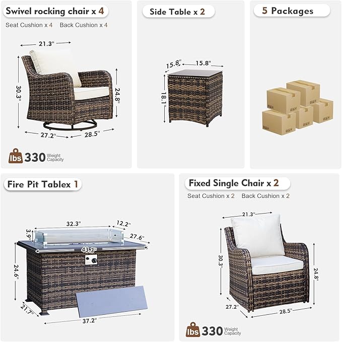 MEISSALIVVE 9 Pieces Patio Furniture Set with 43" Fire Pit Table, Wicker Patio Conversation Set with Swivel Rocking Chairs, Outdoor Patio Set for Lawn Backyard Porch (Brown)