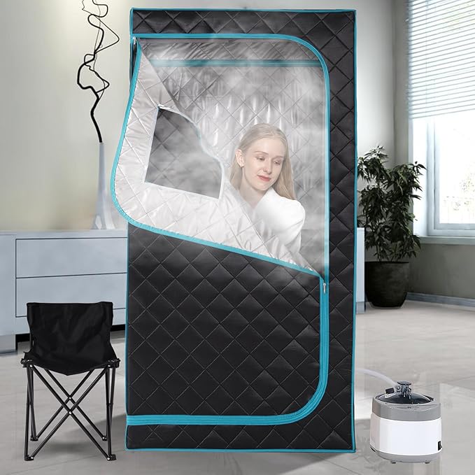 Smartmak Portable Home Steam Sauna, Full Size Personal Sauna Spa Box, Single Saunas Tent with Steamer, 4L 1500W Steam Generator 99 Min Timer, Remote Control, Upgraded Foldable Chair, Mat, Green Border