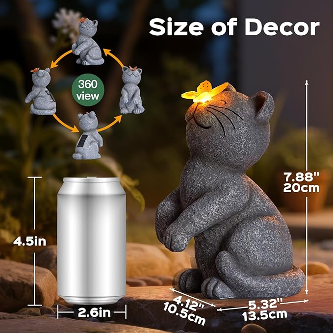 DyBaxa Solar Garden Décor, Garden Statues, Gifts for Women, Mom, Grandma, Patio, Balcony, Yard Decorations Outdoor - Unique Birthday & Housewarming Gifts, Cat Decor with Butterfly Light