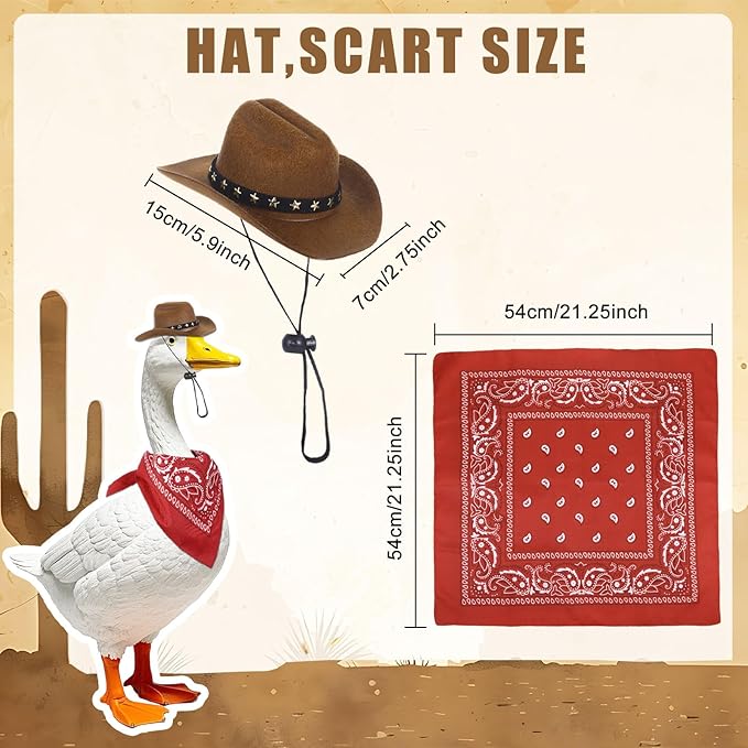 Porch Goose Outfits Western Cowboy Style, Lawn Cement Goose Clothes Outfits for Cement Goose Includes Adjustable Cowboy Hat and Scarf for 23/17″ Outdoor Statue (Brown,Red)