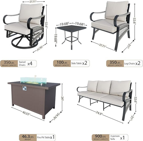 10 Pieces Outdoor Patio Conversation Sets with All Weather Cushions, Metal 3-Seater, 4 Swivel Rockers, 2 Single Chairs, 2 Side Tables, 1 Fire Pit Table for Backyard Deck Porch Poolside, Beige