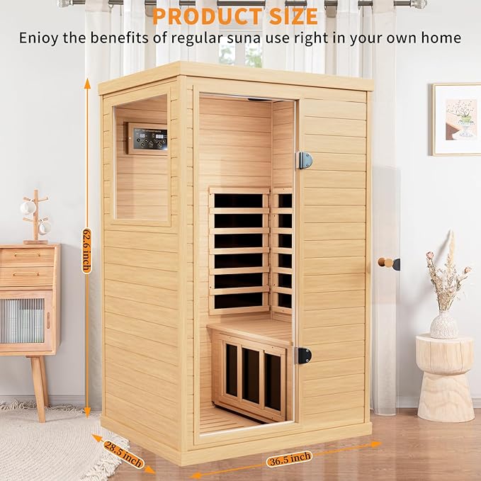 Infrared Wooden Sauna 1 Person Infrared Saunas for Home Dry Sauna for Home, Low Emf Infrared Sauna 1050W Indoor Saunas for the Home , Bluetooth Speakers, Reading Lamps, Room:63 * 28.74 * 36.61Inch