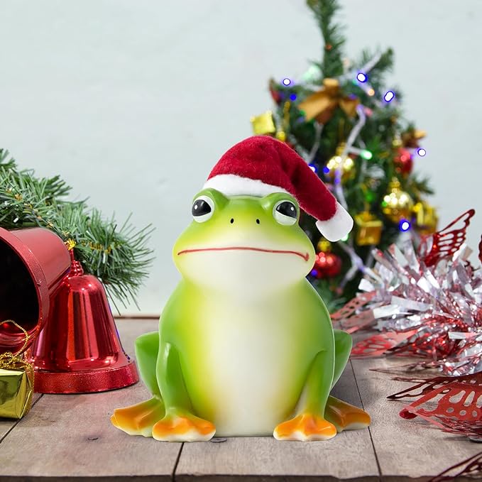 Christmas Frog Resin Statue - Christmas Frog Statue with Santa Hat for Xmas Tree Party Desk Decor Resin Figurine for Home Patio Office Decoration Cute Plant Statues for Tabletop Garden Decor