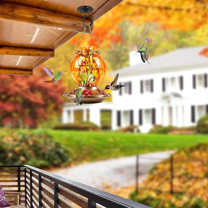 BOLITE Hummingbird Feeder, Hand Blown Glass Hummingbird Feeders for Outdoors Hanging, with Ant Moat and 5 Feeding Ports, 20 Ounces, Meshy Texture Ball Shape Bottle, Orange, Gifts for Women Men