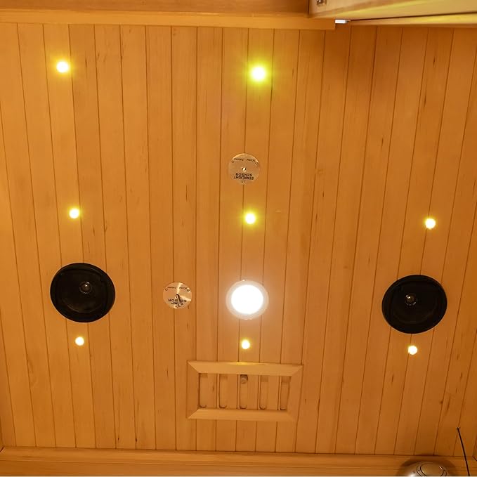 2-Person Far Infrared & Steam Dual-System Sauna Room, Hybrid Indoor Wooden Sauna with 3.5KW Heater, 6 Heating Elements and Heating Stove, Built-in Sound System, Oxygen Bar, 7-Color Lights,220V