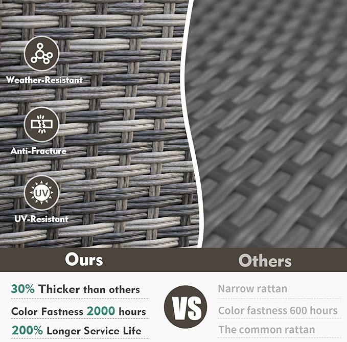 MEISSALIVVE 3 Pieces Patio Furniture Set, Outdoor Swivel Rocker with Washable Cushions & Tempered Glass Tabletop, Outdoor Rattan Conversation Set for Lawn Backyard Porch (Grey)