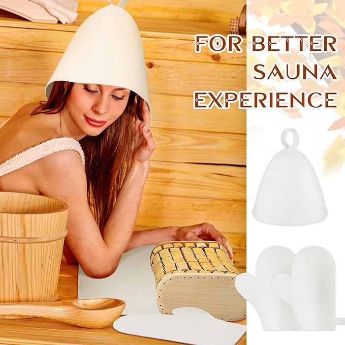 JaGely 5 Pcs Sauna Accessories Include Slip Resistant Sauna Backrest, Wood Sauna Headrest Pillow, Sauna Hat, Seat Pad and Sauna Glove for Barrel or Infrared Sauna