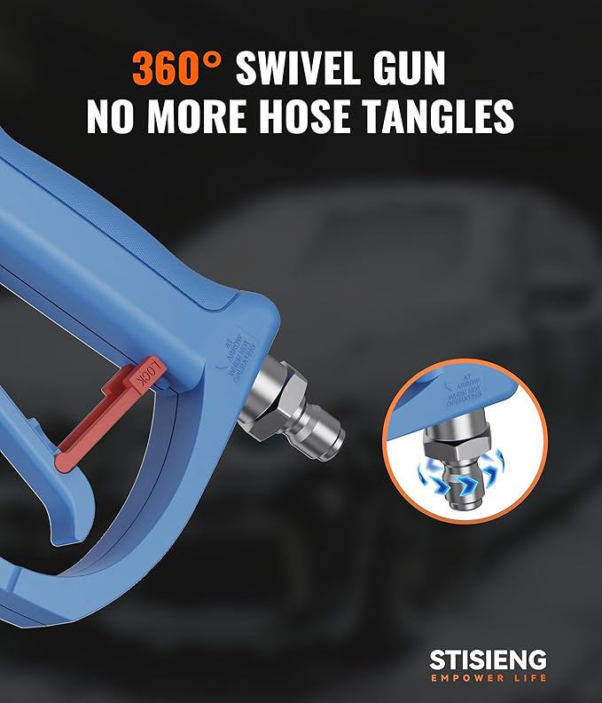 Short Pressure Washer Gun with 360° Swivel, High Pressure Stubby Power Washer Gun Kit with 5 Nozzle Tips, M22-14mm & 15mm Adapters, 3/8" QC for Car Wash Detailing & Cleaning (Blue)