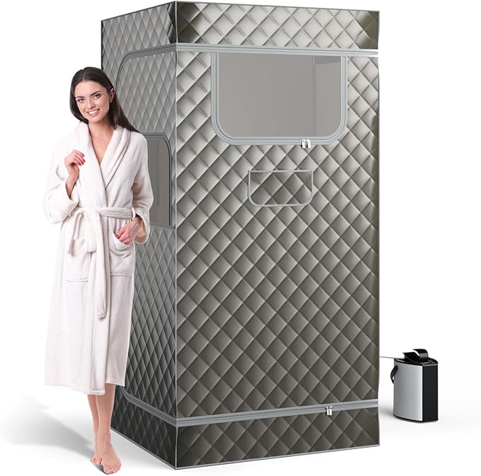 Giantex Portable Sauna Box, Full Body Steam Sauna for Home with 3L Generator, Remote Control, Folding Chair & Wooden Foot Roller, Lightweight Single Person Sauna Tent, 36" x 36" x 72", Gray