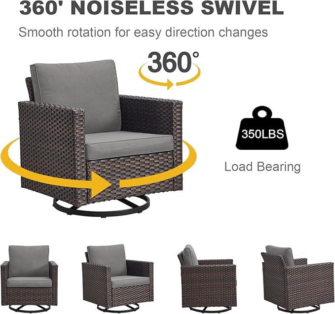 Wicker Outdoor Swivel Chairs Set of 4 with Fire Pit Table, 5 Pieces Patio Furniture Set with Fire Pit Table for Yard, Deck, Garden, Brown/Grey