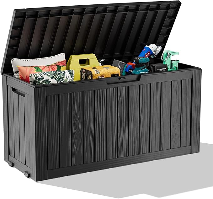 Outdoor Storage Box with Wheels – 85 Gallon Mobile Waterproof Resin Deck Box, Lockable Storage for Patio Cushions, Garden Tools, Pool Accessories – UV-Resistant Storage Bench for Backyard & Deck