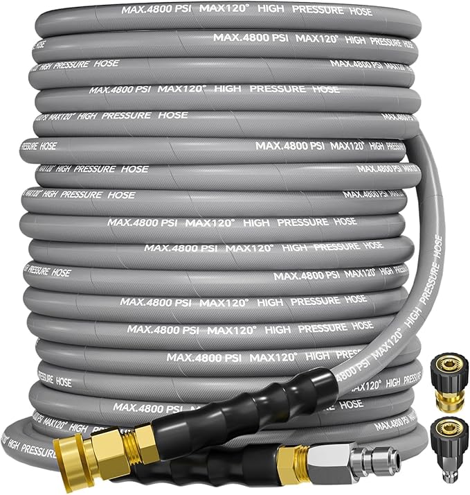 3/8" 4800PSI Pressure Washer Hose 75FT with Swivel Quick Connect for Cold/Hot Water Max 248°F, Kink Resistant Steel Wire Braided, Wear Resistant Power Washer Hose with M22 14mm Adapter