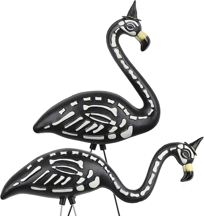 Halloween Black Flamingo Skeleton,Skeleton Flamingo Glow in The Dark, Zombie Flamingos for Spooky Graveyard Decorations, Skull Flamingo with Stakes for Halloween Lawn Ornaments, 2 Pack