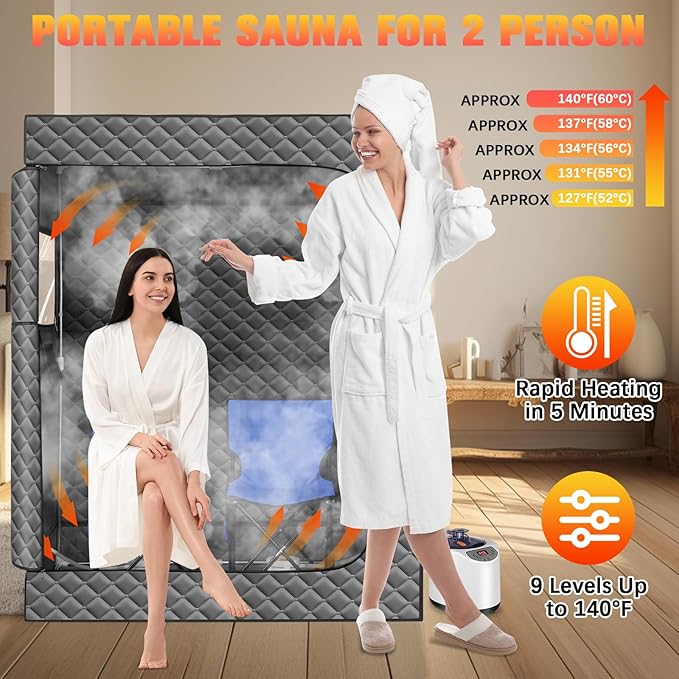 Upgraded 2 Person Portable Sauna, Portable Steam Sauna for Home, Personal Sauna Box Full Body with 1000W 2.6L Steam Generator, 99 Minute Timer, 2 Folding Chairs, Remote Control Included(Grey)