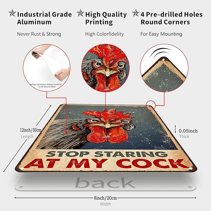 Funny Chicken Stop Staring My Cock Tin Sign for Farm Chicken Coop Farmhouse Kitchen Vintage Wall Decor 8x12 Inch (3058)
