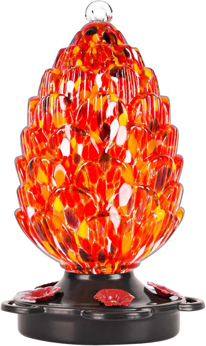 LUJII Pine Cone Shaped Hand Blown Glass Hummingbird Feeder for Outdoors Hanging, Rust Proof & Leak Proof, 25 fl.oz, Unique Gift for Bird Lover, Garden & Backyard Decor, Red