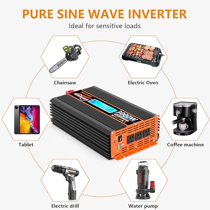 3000 Watt Pure Sine Wave Power Inverter 24V DC to 110V 120V Converter for Family RV Off Grid Solar System Car with Type-C Ports 4 AC Power Outlets Dual USB Ports LCD Display Wireless Remote Control