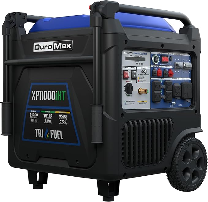 DuroMax XP11000iHT 11,000-Watt Tri Fuel Portable Digital Inverter Generator - Gas, Propane & Natural Gas, Remote Electric Start, Whole Home Power Backup, Transfer Switch Ready, RV & Emergency Ready