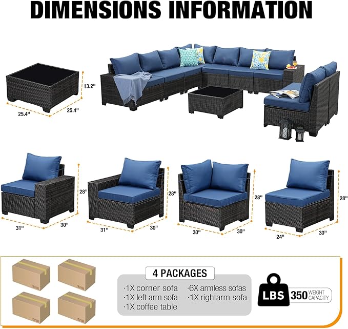 10 Pieces Patio Furniture Set All-Weather Outdoor Wicker Sectional Conversation Sofa Rattan Patio Seating Sofa with Cushion and Glass Table for Porch Poolside,Navy