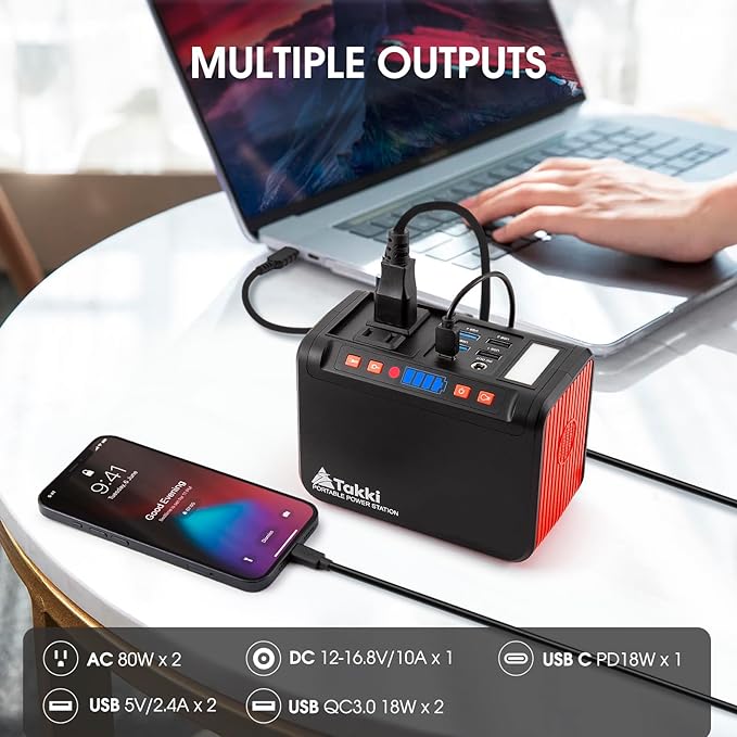 Takki 111Wh Portable Solar Generator Power Station with 21W Foldable Solar Panel, 120W Peak Solar Charger Power Bank with 110V AC DC USB Ports for Camping Emergency Outdoor Home Use