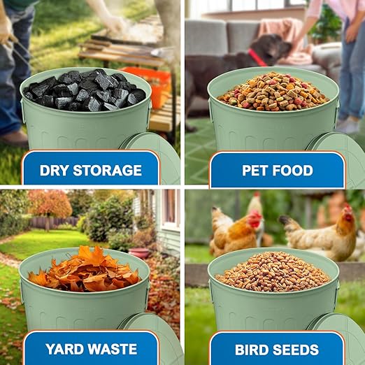 Plexon Large Metal Trash Can with Lid 20 Gallon, Decorative Outdoor Trash Can Heavy Duty Galvanized Metal Bucket with Lid for Garage Workshop Ash Storage Farmhouse, Green 2 Pack